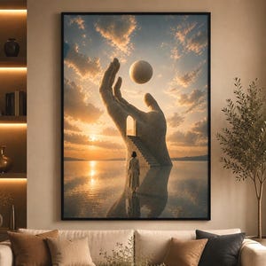 Peut inclure: Une impression d'art mural encadrée représentant un paysage surréaliste avec une main en pierre géante émergeant d'une étendue d'eau calme. Une petite silhouette se tient devant un escalier menant à la main, qui soutient une sphère lumineuse.