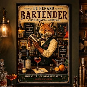 Vintage-Poster „Fuchs-Barkeeper“ im französischen Stil, Wanddeko für Bars und Kneipen, Geschenk für Mixologen