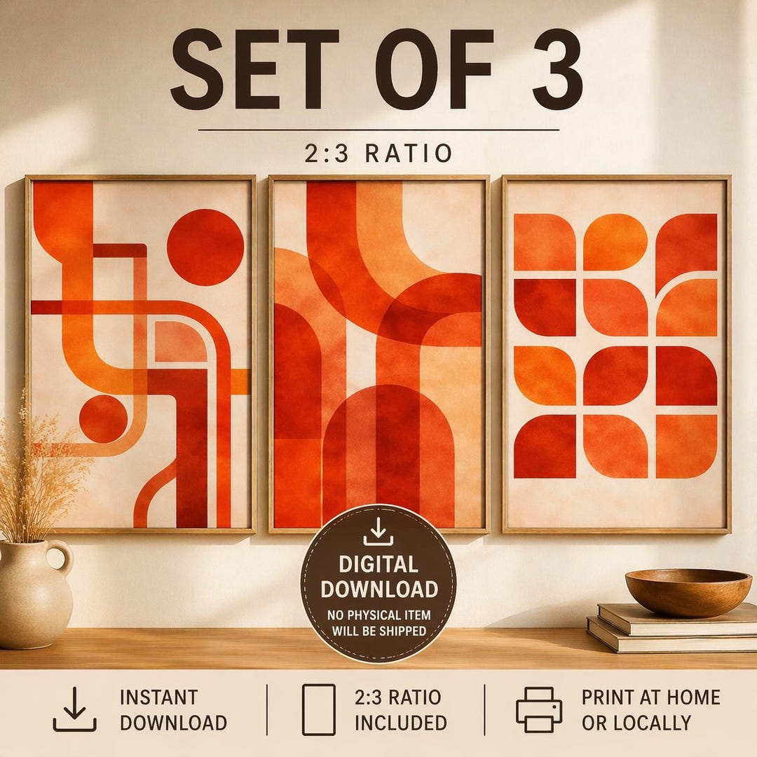 Abstract Orange Wall Art Set Modern Geometric Prints Mid Century ...
