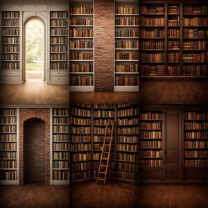 Fondo de estantería de biblioteca, libros antiguos, interior, estilo academia oscura, fondo de fotografía, paquete de descarga digital