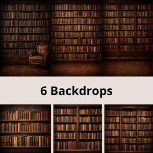 May include: Six backdrop images featuring library bookshelves with various arrangements. The backdrops are in shades of brown and gold, with a leather armchair in one scene. The text "6 Backdrops" is displayed at the bottom.