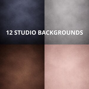 May include: Image of four studio backgrounds in a square grid. The top left is dark blue, top right is gray, bottom left is brown, and bottom right is pink. The text "12 STUDIO BACKGROUNDS" is in white.