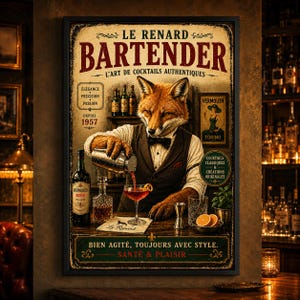 Rävbartenderposter Vintage cocktailbardekor Speakeasy väggkonst Mixology presentpubtryck