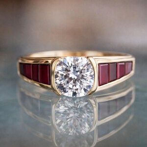 May include: A gold ring with a large, round, clear gemstone at the center. The band features rectangular, deep red gemstones on each side. The ring is reflected on a shiny surface, showcasing its design and craftsmanship.