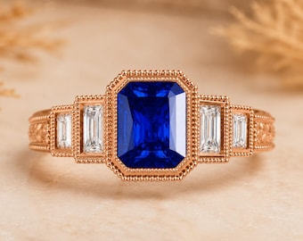 Anillo Art Déco de zafiro azul, anillo de compromiso con talla esmeralda, joyería de oro rosa de 10 quilates de inspiración antigua, elegante anillo de promesa.