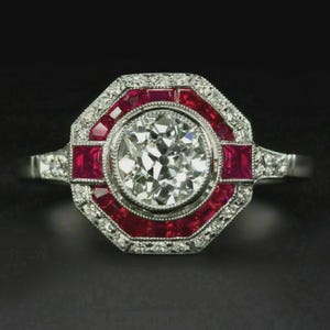 Art deco ronde diamanten robijn verlovingsring, 14 kt witgoud, statementring, cadeau voor haar, unieke antieke stijl bruidsring