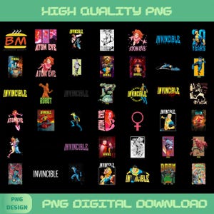 May include: A digital collection of Invincible series graphic designs featuring various characters like Atom Eve, Robot, and Allen the Alien, along with the Invincible logo, Burger Mart text, and 20 Years text, presented as a grid of individual PNG files.