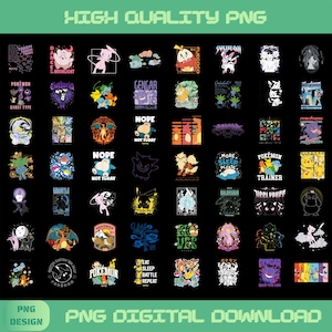 May include: A digital collection of various Pokémon character illustrations and graphic designs arranged in a grid. The images feature diverse creatures, text elements like 'Gengar', 'Nope Not Today', and 'Eat Sleep Battle Repeat', and colorful artistic styles.