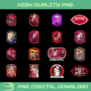May include: A collection of digital stickers featuring characters and logos from Hazbin Hotel, including various animated figures in ornate frames, the Hazbin Hotel sign, and a duck character with the text Take That Depression on a black background.