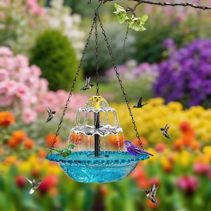 Puede incluir: Un comedero colgante para colibríes con un cuenco de cristal azul y una parte superior amarilla. El comedero está suspendido por cadenas y rodeado de flores coloridas y varios colibríes.