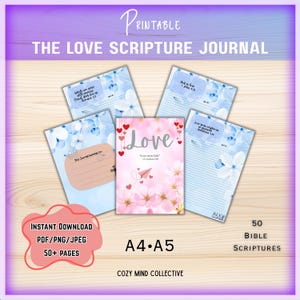 Diario devocional cristiano azul sobre el amor, imprimible en PDF, cuaderno con temática de amor, cuaderno de más de 50 páginas con 50 páginas de Escrituras, planificador de fe.