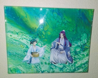 MaoMao and Jinshi on an acrylic pour art painting