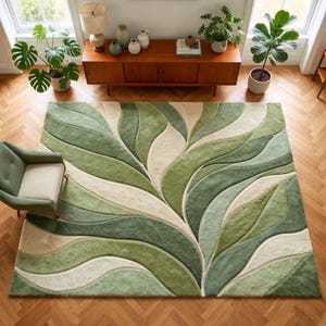 Könnte beinhalten: Ein großer, rechteckiger Teppich mit einem Blattdesign in Grün- und Cremetönen. Der Teppich hat eine getuftete Textur und ein sich wiederholendes Muster aus stilisierten Blättern. Der Teppich liegt auf einem Holzboden, mit einem grünen Sessel in der Ecke.