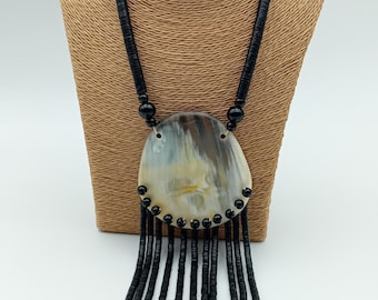 Large Ethnic Bib Necklace – Marbled Horn Pendant and Beaded Fringes – African Designer Jewelry – Unique Piece by Afrika Nomad