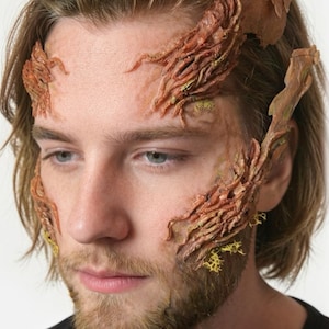 Puede incluir: Una persona con maquillaje protésico aplicado en la cara. El maquillaje presenta un diseño de árbol con colores marrón, naranja y verde, creando un aspecto natural y orgánico. La persona tiene barba y lleva una camiseta negra.
