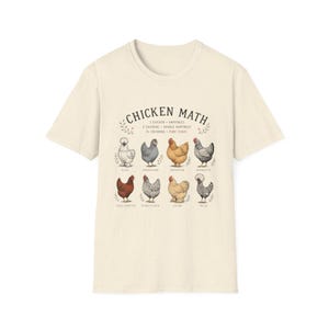 Può includere: T-shirt color crema con grafica "Chicken Math". Il design include illustrazioni di varie razze di polli e il testo: "1 Pollo = Felicità, 2 Polli = Doppia Felicità, 3+ Polli = Puro Caos."