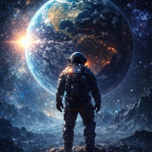 May include: An astronaut in a dark space suit stands on a rocky terrain, looking towards Earth, set against a backdrop of stars and nebulae. The planet is lit by a bright sun. The image conveys themes of space travel and the universe.