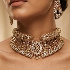 May include: A gold-toned necklace and matching earrings set. The necklace is a wide collar design, encrusted with numerous clear and champagne-colored gemstones. The earrings are a tiered design, also featuring the same gemstones. The jewelry is set against a neutral background.