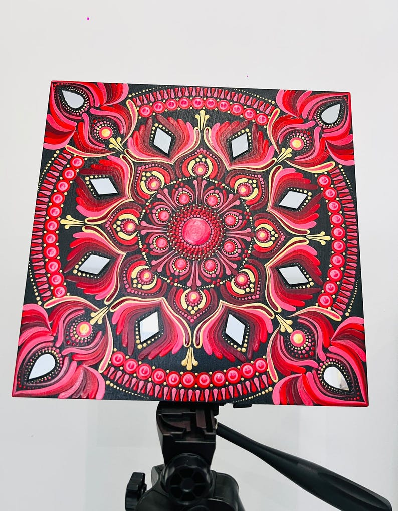 Hand Painted Red Mandala Dot Art, Boho Geometric Floral Wood Canvas ...