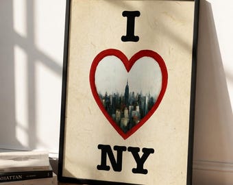 Manhattan Skyline Poster, I Heart NY Art, NYC Empire State Building Painting, Digital Download
