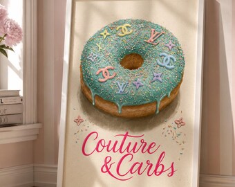 Couture & Carbs Donut Poster, Designer Sprinkled Donut Wall Art, Fashionista gift, Chanel, Louis Vuitton monogram, Digital Download