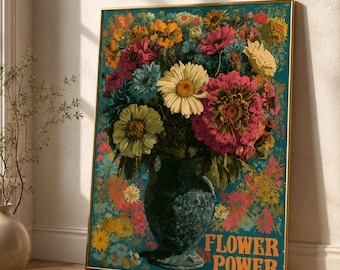 Retro Flower Power Print, Psychedelic Botanical Wall Art, Moody Maximalist Floral Poster, Digital Download
