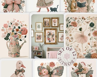 Set of 12 Nursery Prints with bonus Initials for personalization, Cottagecore Decor, Whimsical Girls Playroom Art, Digital Download