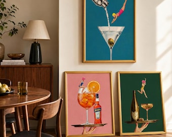 Set of 3 Retro Cocktail Prints, Vintage Bar Cart Decor, Mid-Century Style, Aperol Spritz Martini Champagne Posters (Digital Download)