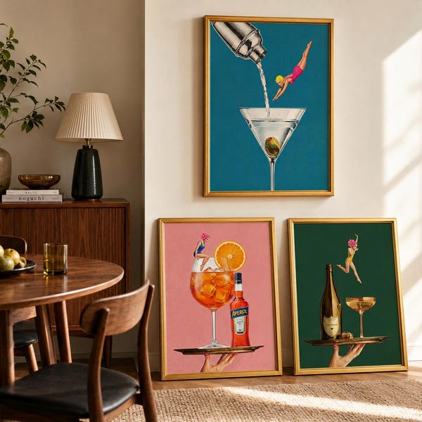 Set of 3 Retro Cocktail Prints, Vintage Bar Cart Decor, Mid-Century Style, Aperol Spritz Martini Champagne Posters (Digital Download)