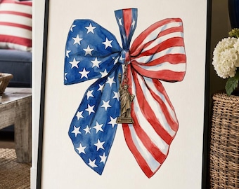 American Flag Bow Watercolor Print, Statue of Liberty Charm, Americana Decor (Digital Download)
