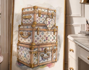 Louis Vuitton Murakami Style Trunk Art | Vintage Watercolor Poster | Luxury Designer Decor | Digital Download