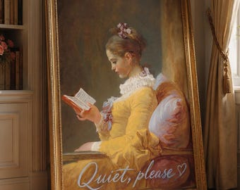 Quiet, Please Poster, Book Lover Gift, Dark Academia Decor, Reading Nook Art, Vintage Oil Painting Parody, Digital Download