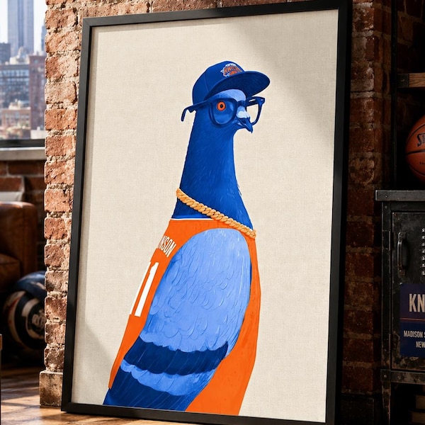 New York Knicks Fan Art, Funny NYC Sports Poster, Jalen Brunson Jersey Art, Basketball Fan Gift, NYC Pigeon Poster, Digital Download