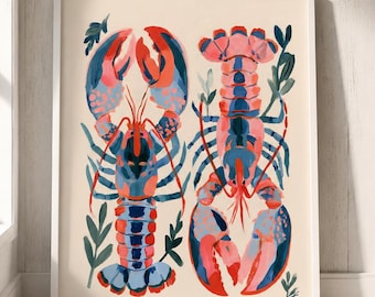 Colorful Lobster Wall Art, Lobster Art Print, Nautical Illustration, Modern Coastal Poster, Digital Download