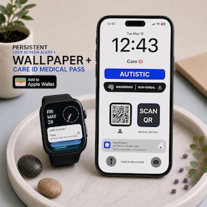 Peut inclure: Un smartphone et une montre connectée affichent une application d'identification médicale. Le téléphone affiche "AUTISTIQUE" avec un code QR et "Care ID Alert". La montre affiche "CARE ID ALERT" et "AUTISTIC + PANIC RISK NON VERBAL". Le texte "PERSISTENT LOCK SCREEN ALERT + WALLPAPER + CARE ID MEDICAL PASS" est également visible.