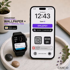 May include: A black smartwatch and smartphone displaying medical information. The phone screen shows "Care ID" with "Epilepsy" highlighted, a QR code, and a "Scan QR" button. The watch shows "Care ID Alert" and the date.