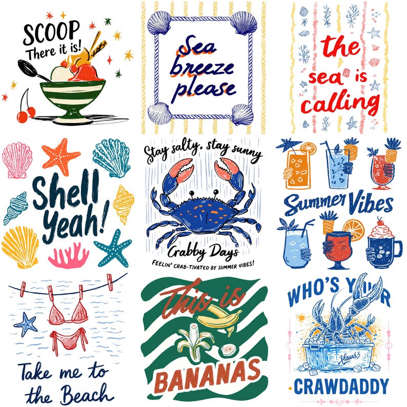 Pu&ograve; includere: Una collezione di nove illustrazioni colorate a tema estivo. Le immagini includono gelati, conchiglie, granchi, cocktail e testo come "Sea Breeze Please", "Shell Yeah!" e "Summer Vibes".