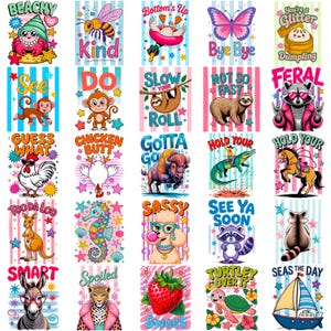 Puede incluir: Una colección de ilustraciones coloridas y caprichosas con varios animales y frases. Cada diseño está sobre un fondo a rayas e incluye texto como "Beach", "Kind", "See" y "Smart".