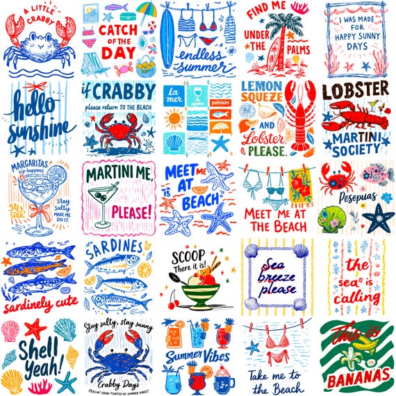 Coastal Vibes Summer PNG Bundle | Sassy Beach Sublimation Designs | Cocktails Lobsters Coastal Quotes | Retro Summer Clipart Download