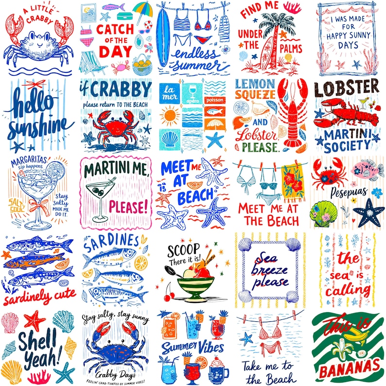 Pu&ograve; includere: Una collezione di illustrazioni colorate disegnate a mano con un tema estivo e balneare. Le immagini includono granchi, cocktail, conchiglie e frasi come "Hello Sunshine" e "Summer Vibes".