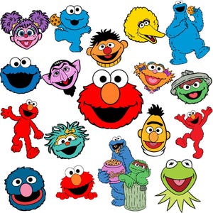 May include: A collection of colorful cartoon character illustrations, including Elmo, Cookie Monster, Big Bird, and others. The characters have distinct features and expressions, with a white background.