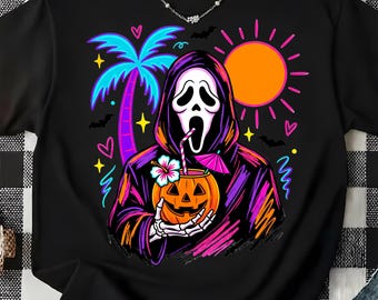 Summerween Ghost PNG, Vintage 90s Summer Ghost Sublimation, Tropical Pink Palm Tree Halloween Design, Spooky Summer Digital Download