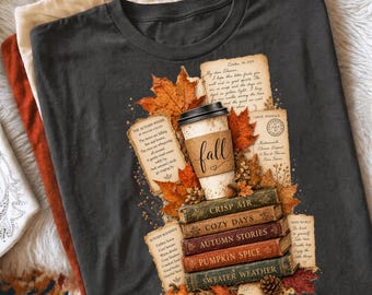 Book Lover Fall PNG | Autumn Reading Sublimation Design | Cozy Bookish Shirt PNG | Fall Books & Coffee Clipart | Printable Book Lover PNG