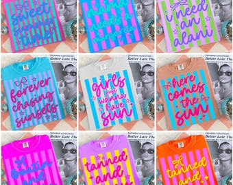 Pacchetto PNG con citazioni estive a righe in stile preppy, PNG con vibrazioni da spiaggia neon e femminili, design di tendenza per magliette da vacanza, download per sublimazione estiva carina
