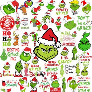 Peut inclure: Une collection d'illustrations du personnage vert Grinch, incluant diverses poses, expressions faciales et textes sur le thème des fêtes comme Naughty Grinch, Resting Grinch Face, Merry Grinchmas et I'm Booked, avec des bonnets de Noël rouges.