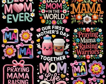 Mother’s Day PNG Bundle | Faux Yarn Coquette Bow PNG | Best Mom Ever Floral Mama PNG | Crochet Knit Leopard Mom Design | Digital Download