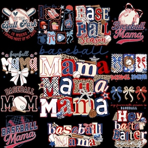 May include: A selection of baseball-themed designs on a black backdrop. The designs feature baseballs, bats, and the phrases "Baseball Mama," "Baseball Mom," and "Hey Batter Batter." The colour scheme is red, white, and blue.
