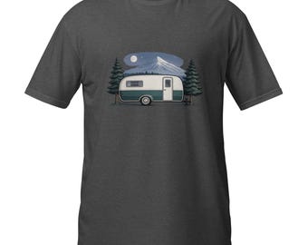 Retro Camper Trailer T-Shirt, Moonlit Mountain Camping Graphic Tee, Vintage RV Shirt