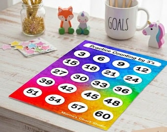 Tabla imprimible para contar de tres en tres: hoja de trabajo de matemáticas para que los niños aprendan los números.