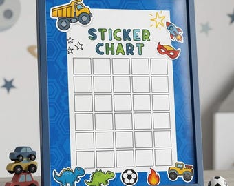 Tabla de pegatinas azules imprimible para niños / Tabla de recompensas y comportamiento / Descarga instantánea
